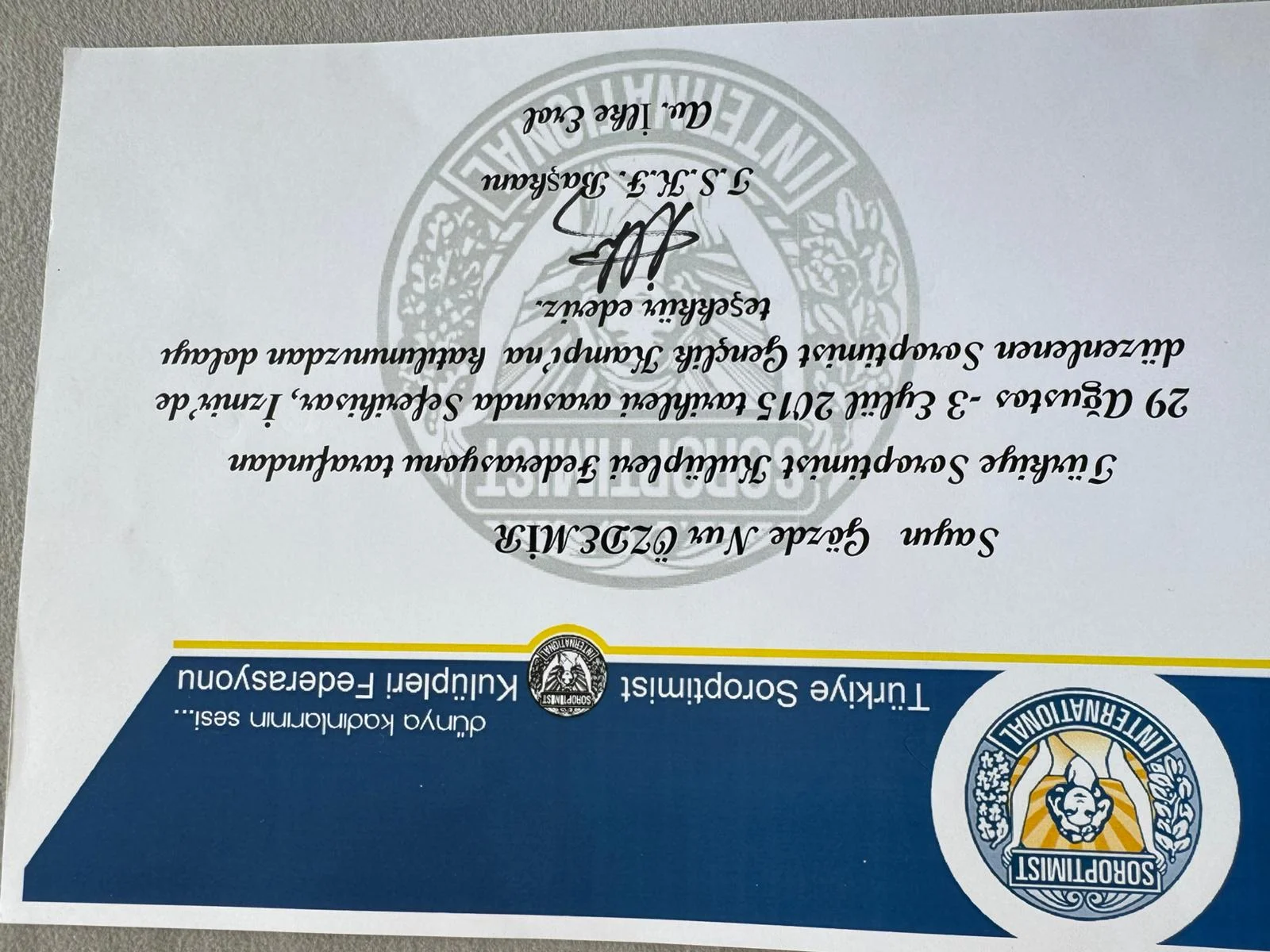 Türkiye Soroptimist Teşekkür Belgesi